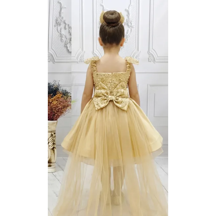 Gold Askılı Kuyruklu Taşlı Boncuklu Payetli Kabarık Elbise