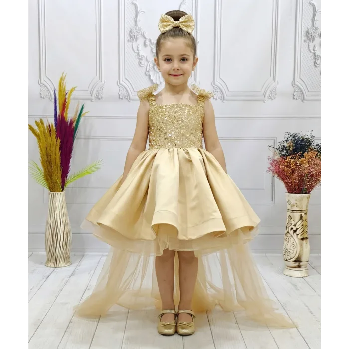 Gold Askılı Kuyruklu Taşlı Boncuklu Payetli Kabarık Elbise