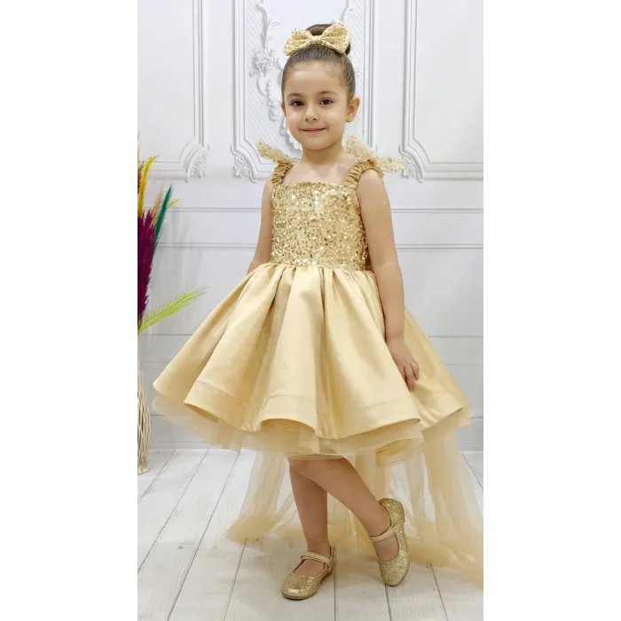 Gold Askılı Kuyruklu Taşlı Boncuklu Payetli Kabarık Elbise