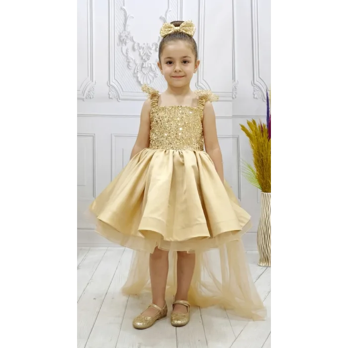 Gold Askılı Kuyruklu Taşlı Boncuklu Payetli Kabarık Elbise