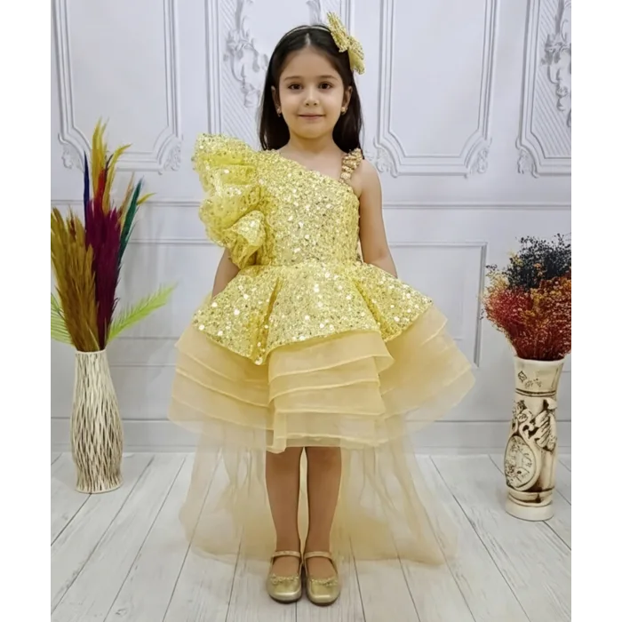 Gold Kuyruklu Taşlı Boncuklu Payetli Fırfırlı Kabarık Elbise Abiye Gelinlik