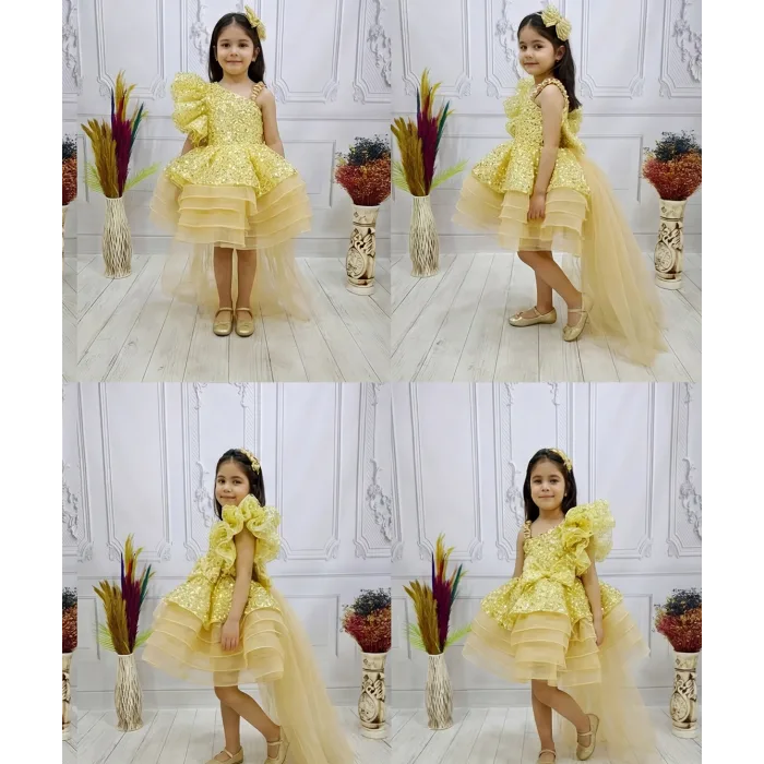 Gold Kuyruklu Taşlı Boncuklu Payetli Fırfırlı Kabarık Elbise Abiye Gelinlik