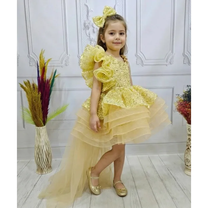 Gold Kuyruklu Taşlı Boncuklu Payetli Fırfırlı Kabarık Elbise Abiye Gelinlik