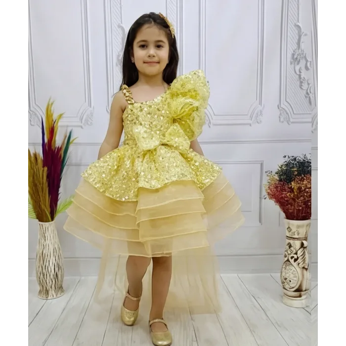 Gold Kuyruklu Taşlı Boncuklu Payetli Fırfırlı Kabarık Elbise Abiye Gelinlik