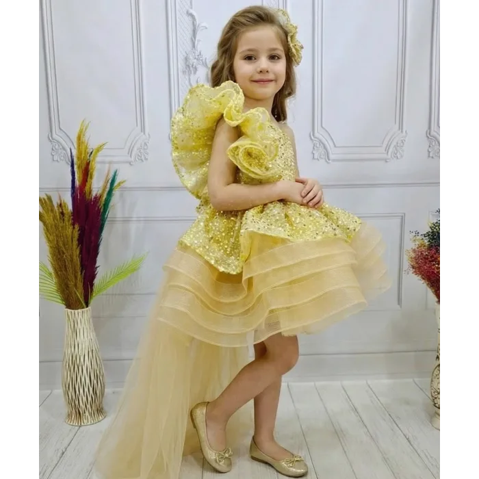 Gold Kuyruklu Taşlı Boncuklu Payetli Fırfırlı Kabarık Elbise Abiye Gelinlik