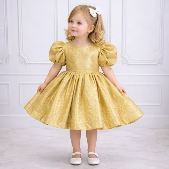 Gold Simli Parıltılı Flok Elbise Abiye Gelinlik