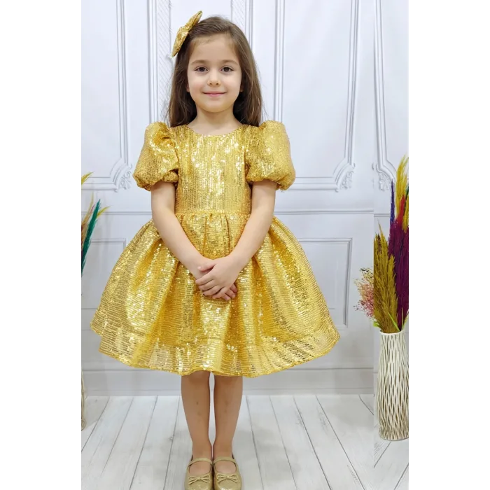 Gold Parıltılı Payetli Elbise Abiye Gelinlik