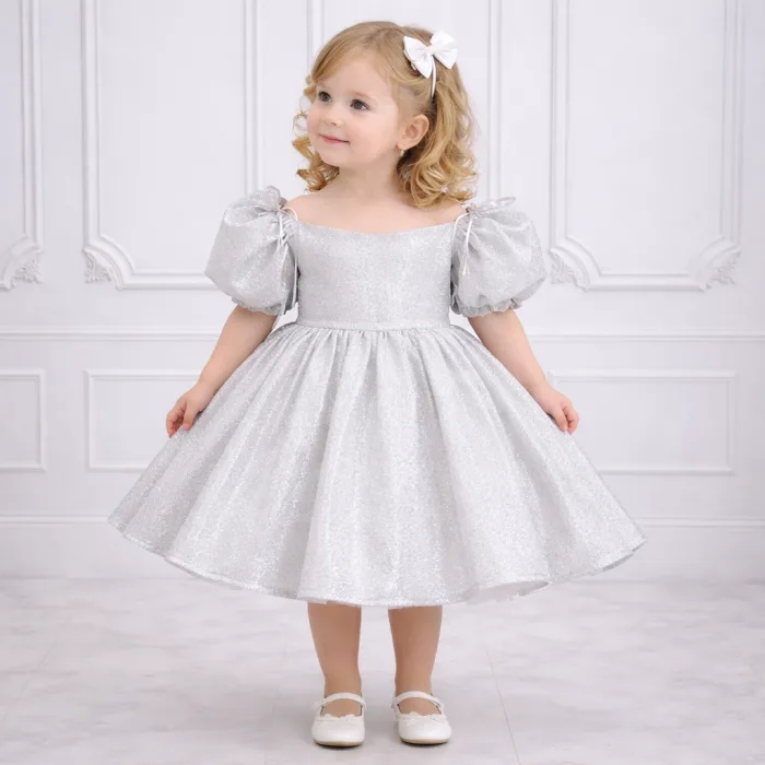 Gri Gümüş Parıltılı Askılı Kısa Kol Elbise Abiye Gelinlik