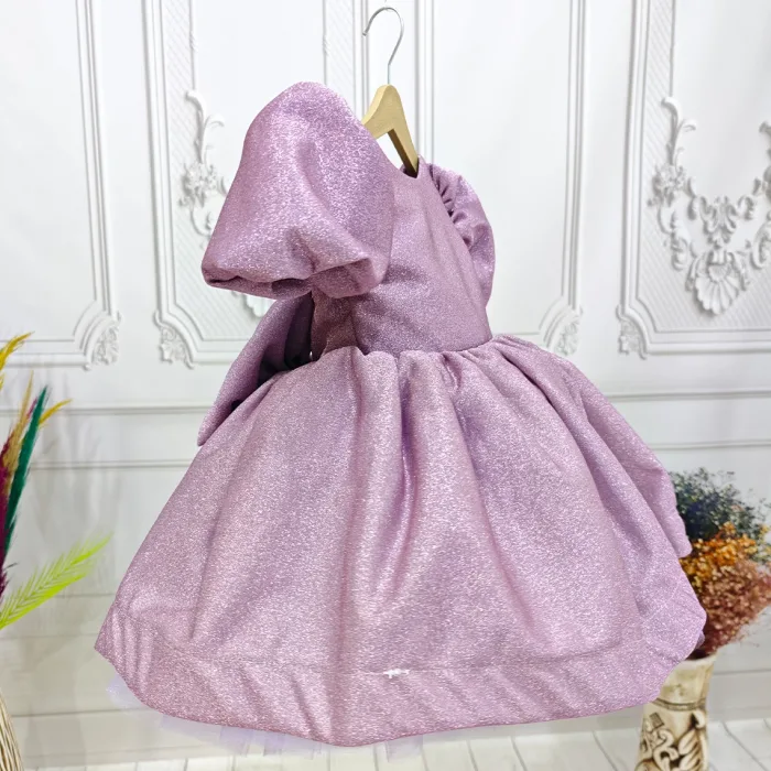 Gül kurusu  lila Parıltılı Kısa Kol Elbise Abiye Gelinlik