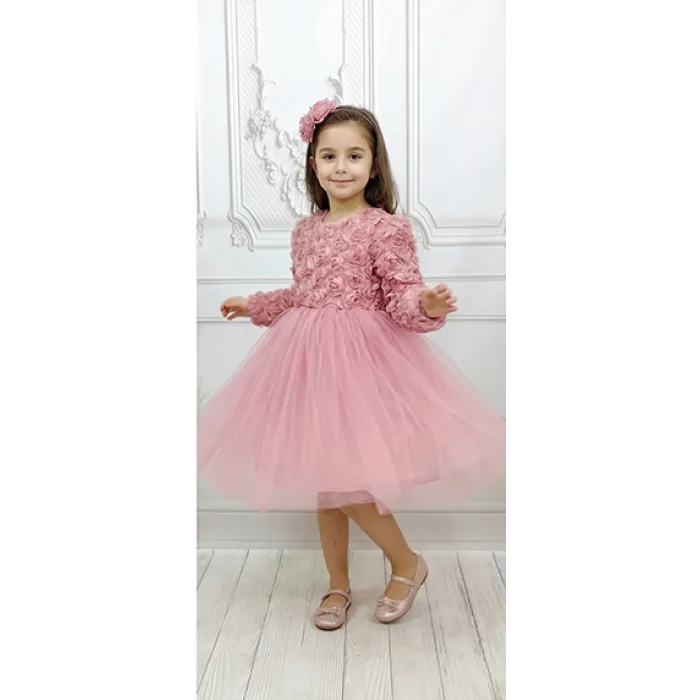 Gül Kurusu Güllü Desenli Kabarık Elbise Gelinlik Abiye