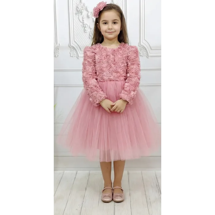 Gül Kurusu Güllü Desenli Kabarık Elbise Gelinlik Abiye