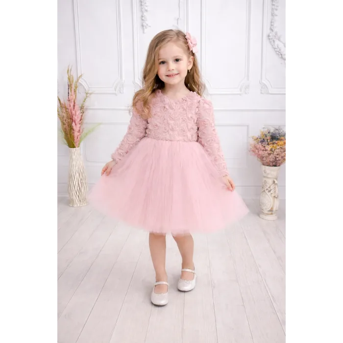 Pudra Güllü Desenli Kabarık Elbise Gelinlik Abiye