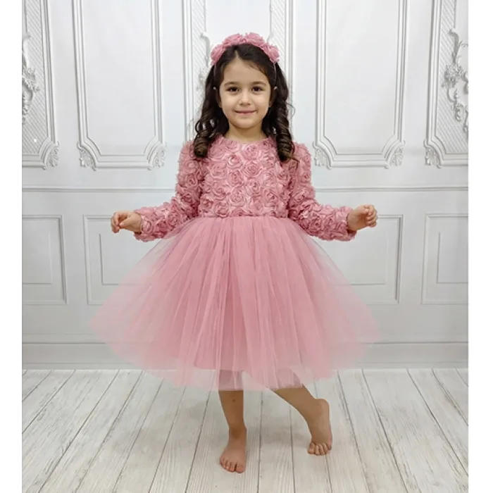 Gül Kurusu Güllü Desenli Kabarık Elbise Gelinlik Abiye