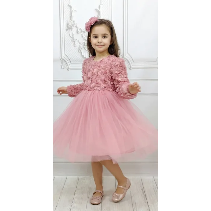 Gül Kurusu Güllü Desenli Kabarık Elbise Gelinlik Abiye