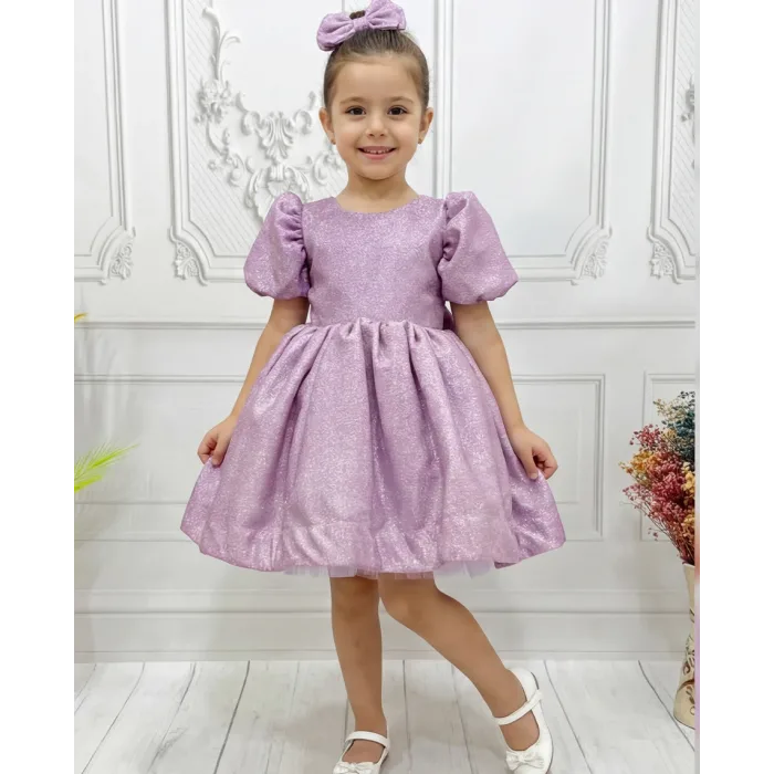 Gül kurusu lila Parıltılı Kısa Kol Elbise Abiye Gelinlik