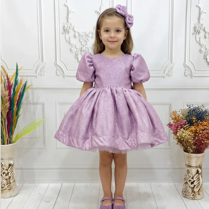 Gül kurusu lila Parıltılı Kısa Kol Elbise Abiye Gelinlik