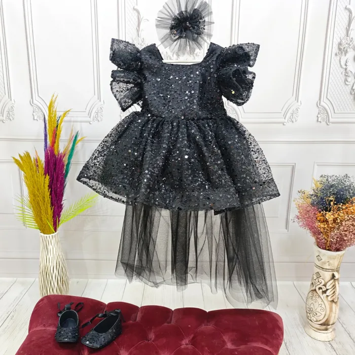 Siyah Kuyruklu Taşlı Boncuklu + ayakkabı seti Payetli Fırfırlı Kabarık Elbise Abiye Gelinlik