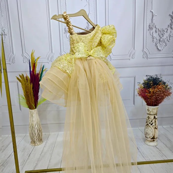 Gold Kuyruklu Taşlı Boncuklu Payetli Fırfırlı Kabarık Elbise Abiye Gelinlik