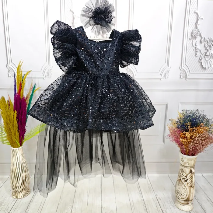 Siyah Kuyruklu Taşlı Boncuklu + ayakkabı seti Payetli Fırfırlı Kabarık Elbise Abiye Gelinlik