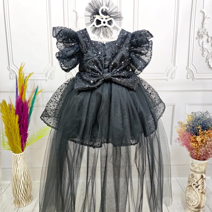 Siyah Kuyruklu Taşlı Boncuklu + ayakkabı seti Payetli Fırfırlı Kabarık Elbise Abiye Gelinlik