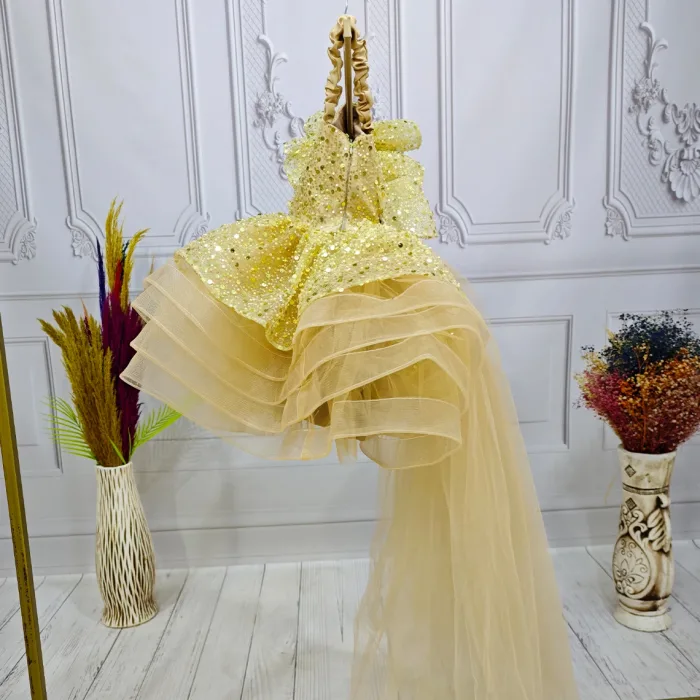 Gold Kuyruklu Taşlı Boncuklu Payetli Fırfırlı Kabarık Elbise Abiye Gelinlik