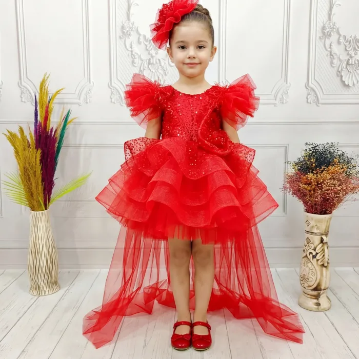 Kırmızı Boncuklu payetli fırfırlı Elbise Abiye