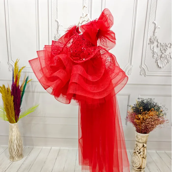 Kırmızı Boncuklu payetli fırfırlı Elbise Abiye