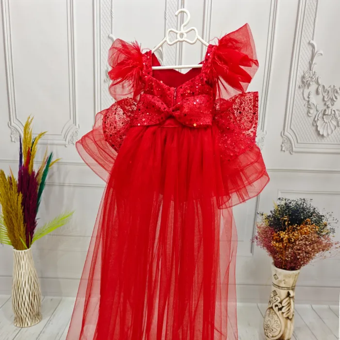 Kırmızı Boncuklu payetli fırfırlı Elbise Abiye