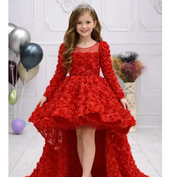 Kırmızı Gül Desenli Uzun Kol Elbise Abiye Gelinlik