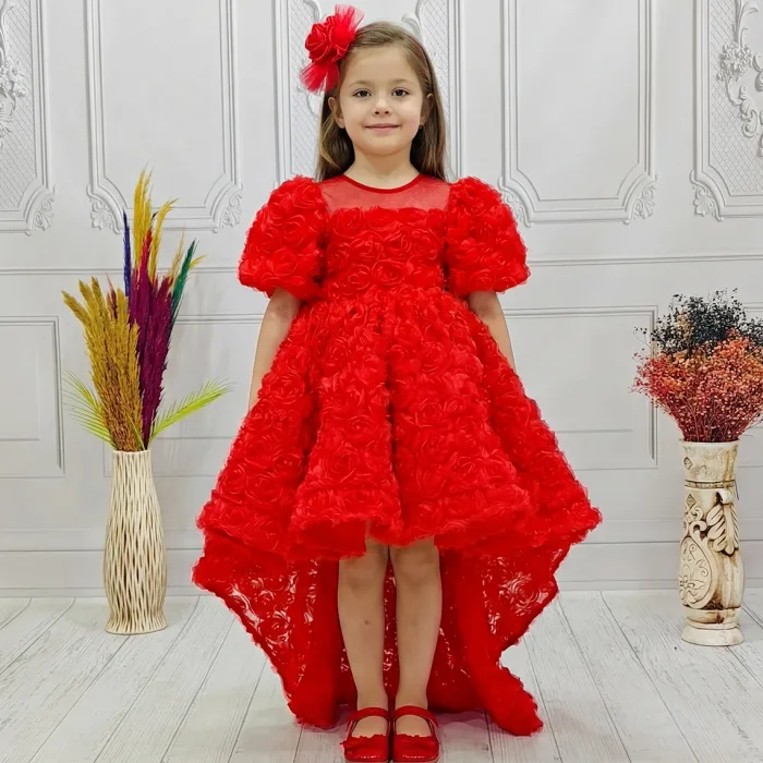 Kırmızı Güllü Abiye + Kelebek Balon Kol Elbise Abiye Gelinlik