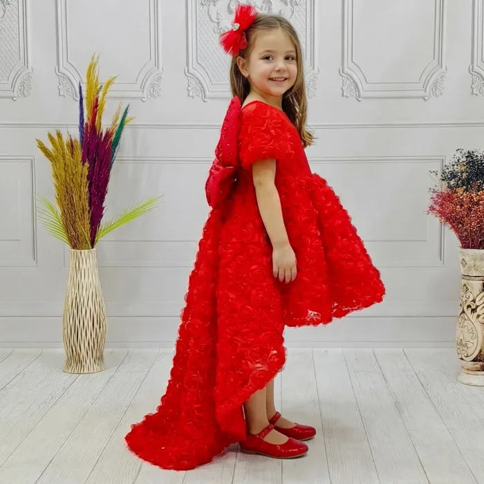 Kırmızı Güllü Abiye + Kelebek Balon Kol Elbise Abiye Gelinlik