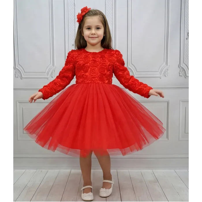 Kırmızı Güllü Desenli Kabarık Elbise Gelinlik Abiye