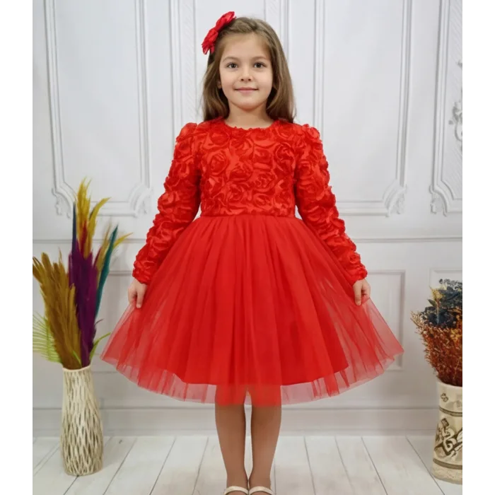 Kırmızı Güllü Desenli Kabarık Elbise Gelinlik Abiye