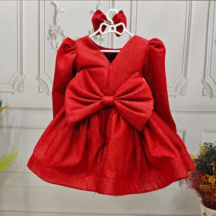 Kırmızı Parıltılı Elbise Abiye Gelinlik Uzun  Kol Elbise