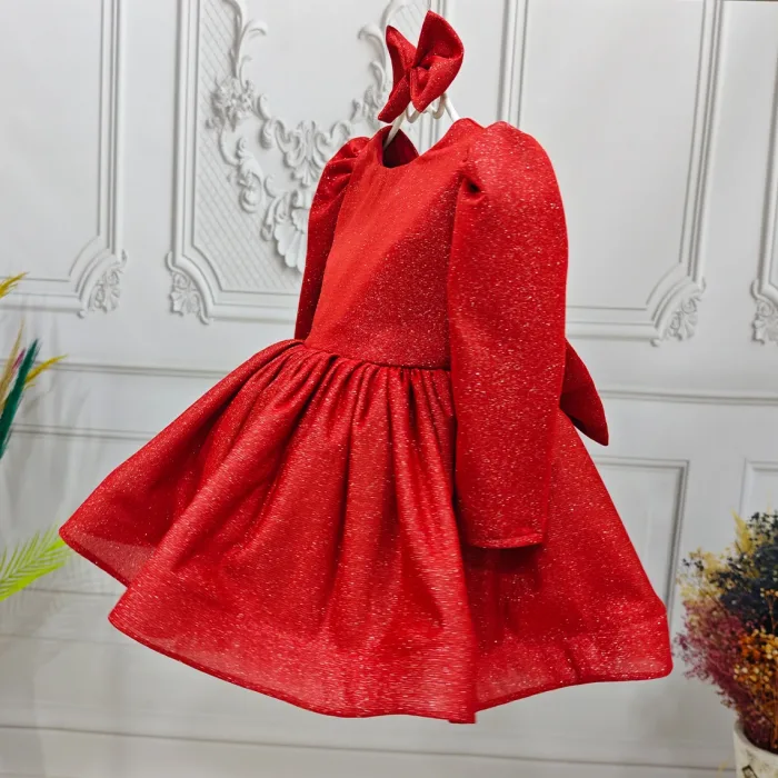 Kırmızı Parıltılı Elbise Abiye Gelinlik Uzun  Kol Elbise