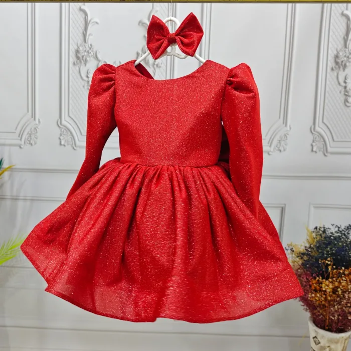 Kırmızı Parıltılı Elbise Abiye Gelinlik Uzun  Kol Elbise