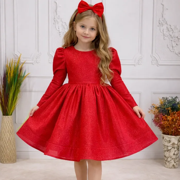 Kırmızı Parıltılı Elbise Abiye Gelinlik Uzun Kol Elbise