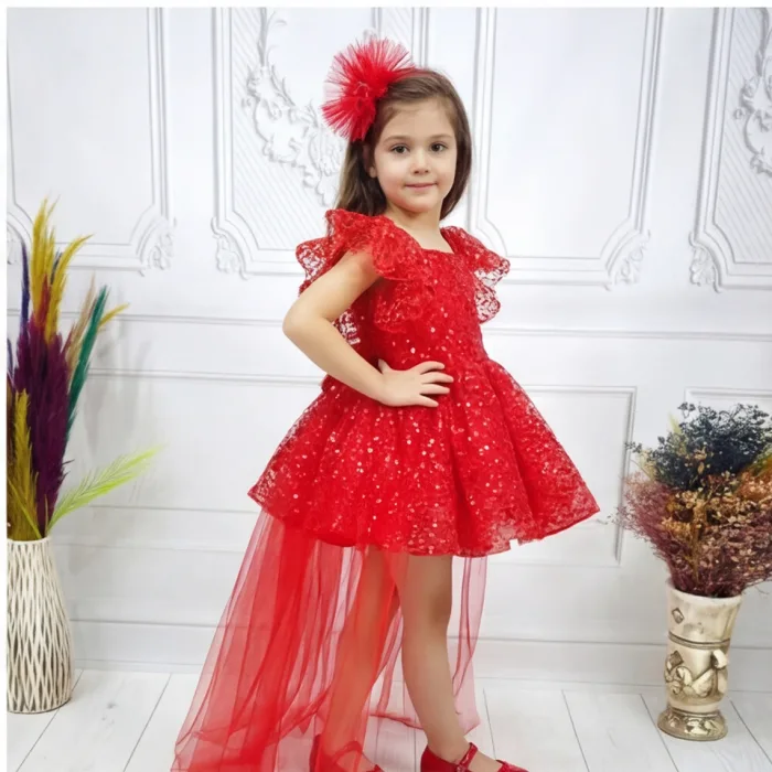 Kırmızı Taşlı Boncuklu payetli +ayakkabı seti fırfırlı Elbise Abiye Gelinlik