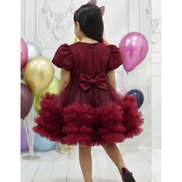 Kız Çocuk Abiye Bordo Parıltılı Fırfır Detaylı Kabarık Gelinlik Elbise