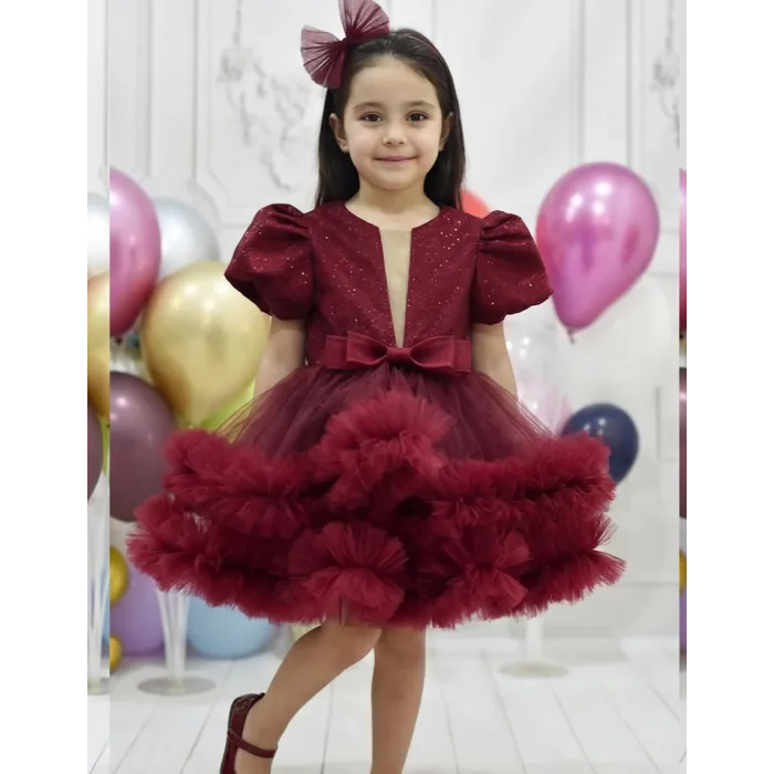 Kız Çocuk Abiye Bordo Parıltılı Fırfır Detaylı Kabarık Gelinlik Elbise
