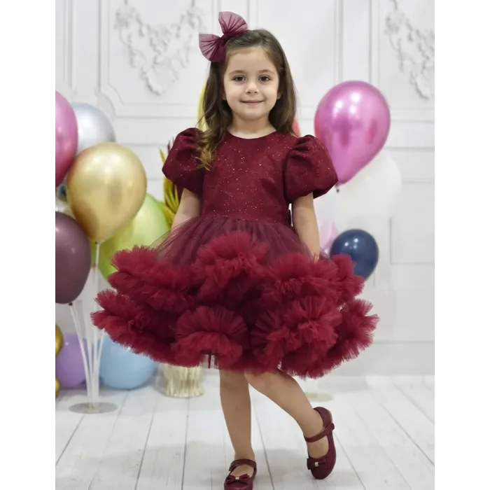 Kız Çocuk Abiye Bordo Parıltılı Fırfır Detaylı Kabarık Gelinlik Elbise