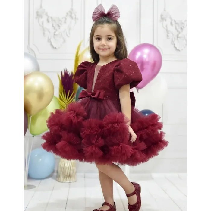Kız Çocuk Abiye Bordo Parıltılı Fırfır Detaylı Kabarık Gelinlik Elbise