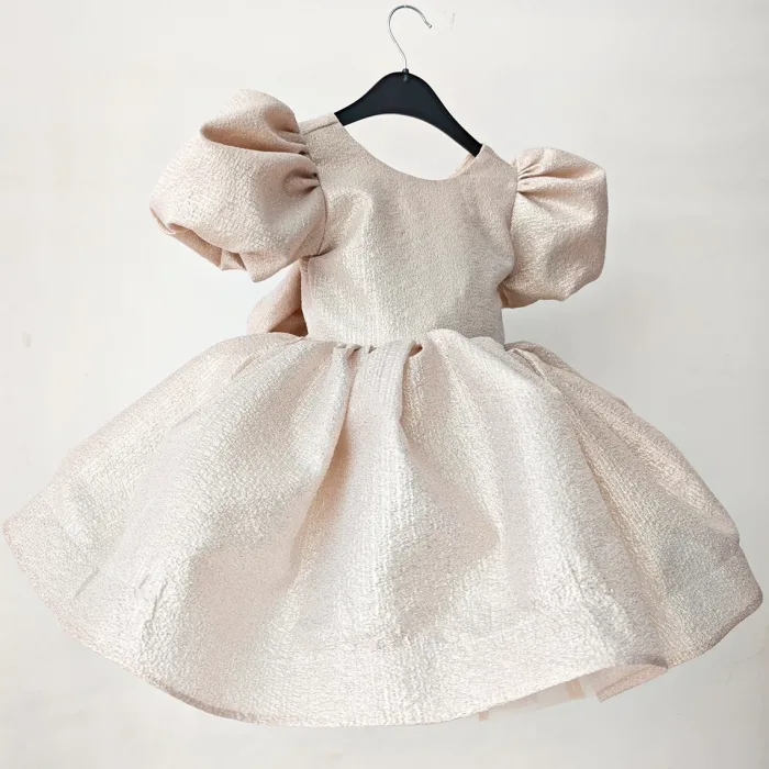 Kız Çocuk Açık Bej Renk Parıltılı Kısa Kol Kabarık Elbise
