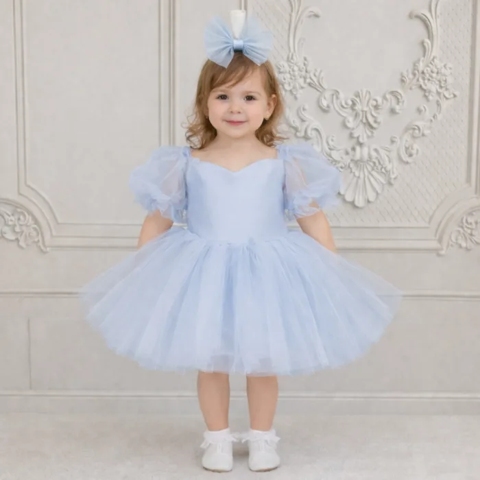 Kız Çocuk Bebe Mavisi Balon Kalp Detaylı Kısa Kol Elbise