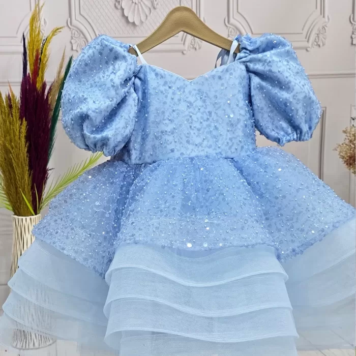Kız Çocuk Bebe Mavisi Boncuklu Payetli Grenli Kalp Detaylı Kabarık Elbise