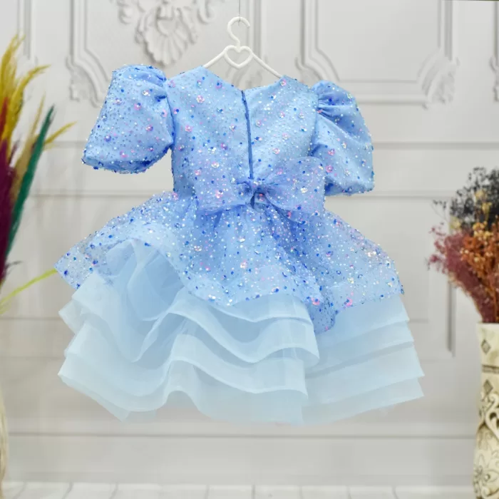 Kız Çocuk Bebe Mavisi Hologramlı Payetli Grenli Kalp Detaylı Kabarık Elbise