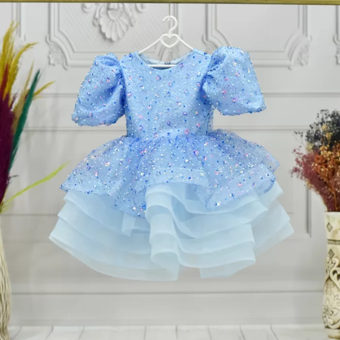 Kız Çocuk Bebe Mavisi Hologramlı Payetli Grenli Kalp Detaylı Kabarık Elbise