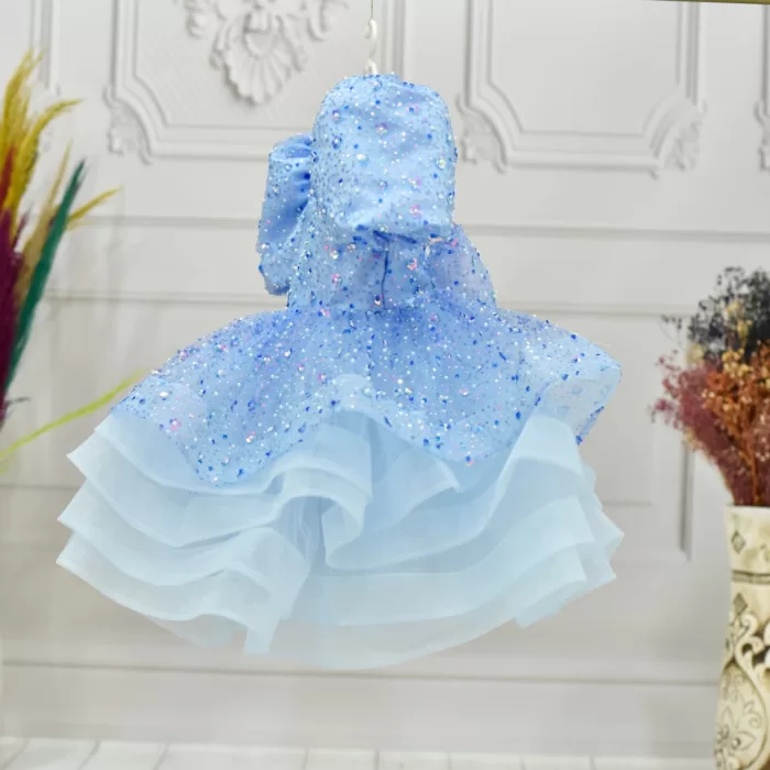 Kız Çocuk Bebe Mavisi Hologramlı Payetli Grenli Kalp Detaylı Kabarık Elbise