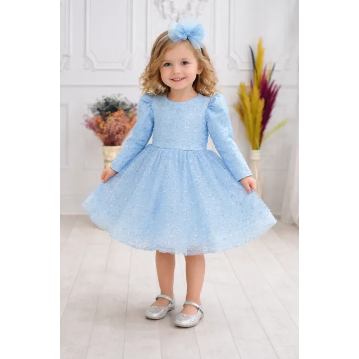 Kız Çocuk Bebe Mavisi Boncuklu Payetli Kabarık Elbise Uzun Kol