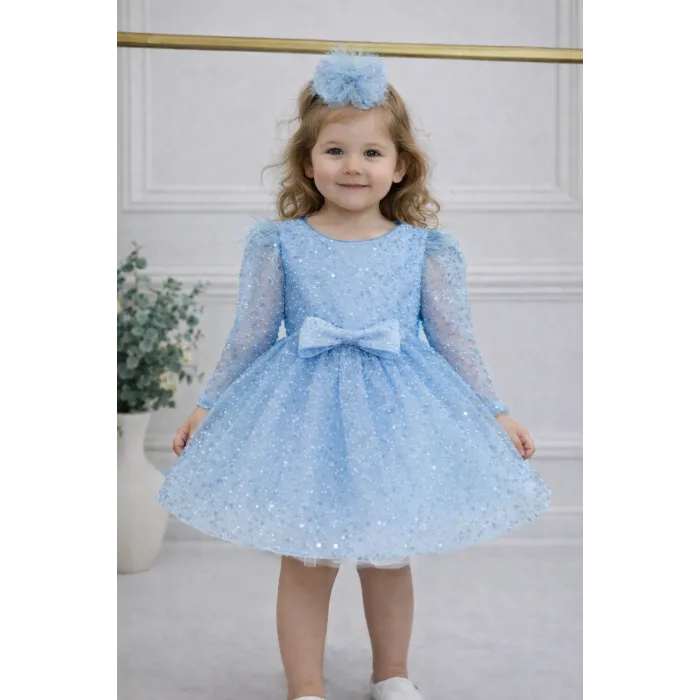 Kız Çocuk Bebe Mavisi Boncuklu Payetli Uzun Kol Kabarık Elbise Abiye Gelinlik